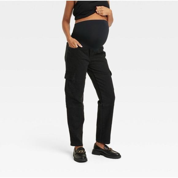 Isabel Maternity Over Belly 90's Straight Cargo Maternity Jeans Black 12 NWT - Picture 1 of 5